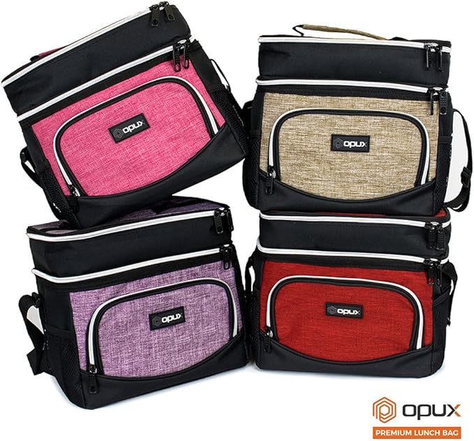OPUX Insulated Dual Compartment Lunch Box for Women | Leakproof Double Deck Lunch Bag Work Office | Soft Cooler Tote Shoulder Strap Adult | Reusable Thermal Lunch Pail Kit 12 Can, Pink