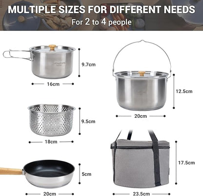 KingCamp Camping Cookware Set 304 Stainless Steel Campfire Cooking Pots Pan and Kettle with Travel Tote Bag for Camping Outdoor Kitchen Cooking Picnic for 4-6