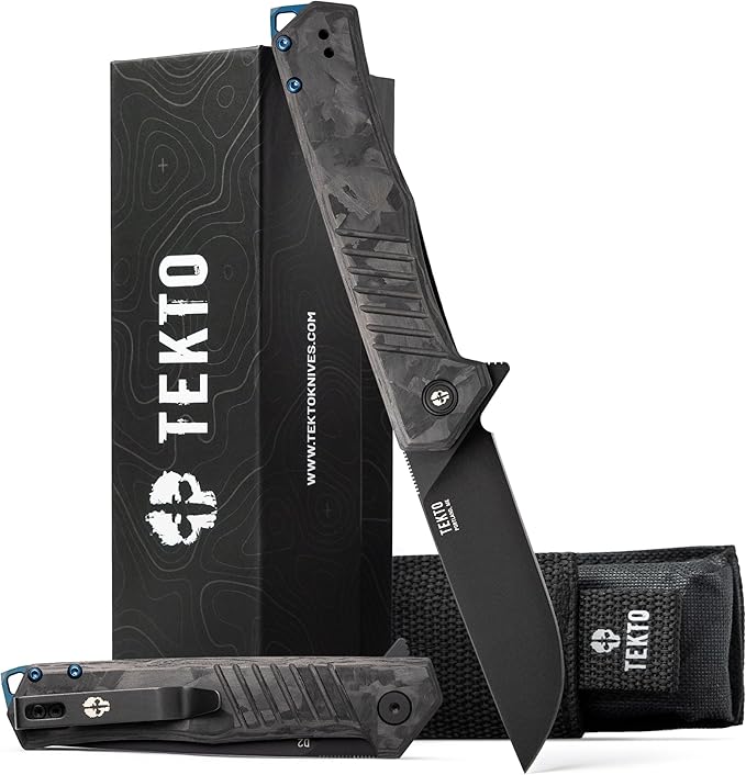 F1 Alpha Folding Pocket Knife - Modified Straight Back Blade, Titanium Coated D2 Steel, Ideal for Outdoor Camping & Backpacking,Tactical Forged Carbon Fiber Handle, Blue Titanium Accents