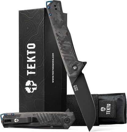 F1 Alpha Folding Pocket Knife - Modified Straight Back Blade, Titanium Coated D2 Steel, Ideal for Outdoor Camping & Backpacking,Tactical Forged Carbon Fiber Handle, Blue Titanium Accents