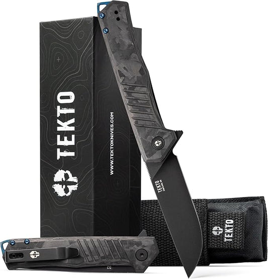 F1 Alpha Folding Pocket Knife - Modified Straight Back Blade, Titanium Coated D2 Steel, Ideal for Outdoor Camping & Backpacking,Tactical Forged Carbon Fiber Handle, Blue Titanium Accents