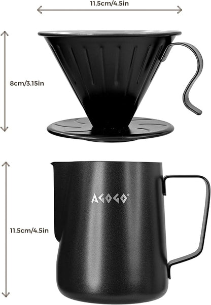 AGOGO Camping Pour Over Coffeemaker Set with Paper Filter Stainless Steel (Black, 600ml)