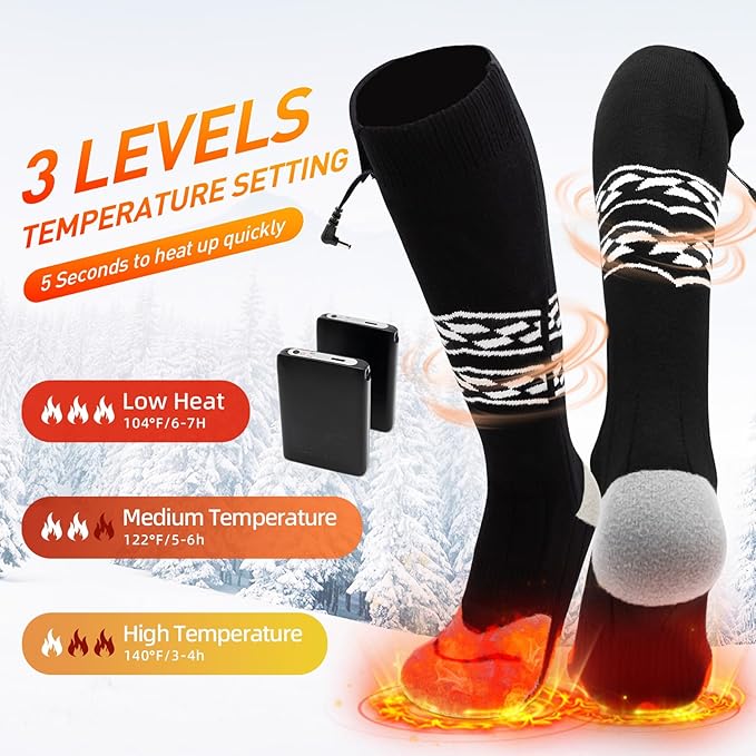 Heated Socks for Men Women,5000mAh Rechargeable Electric Heated Socks,Washable Unisex Winter Thermal Socks,Feet Warmers for Skiing Camping Hiking Hunting Outdoor