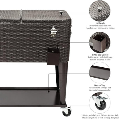 VINGLI 80 Quart Rolling Ice Chest on Wheels, Portable Patio Party Bar Drink Cooler Cart, Wicker PP Rattan with Shelf, Beverage Pool with Bottle Opener
