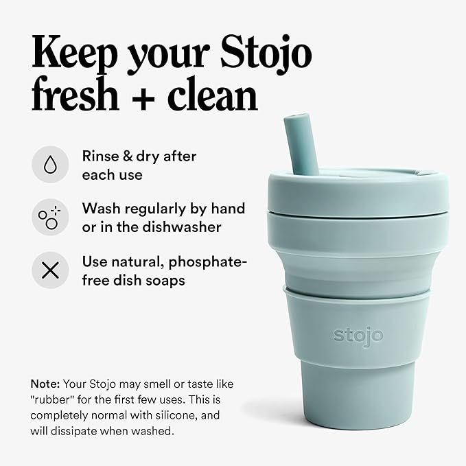 STOJO Collapsible Travel Cup With Straw - Aquamarine, 16oz / 470ml - Reusable To-Go Pocket Size Silicone Cup for Hot and Cold Drinks - Perfect for Camping and Hiking - Microwave & Dishwasher Safe