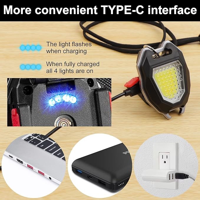 SEFONE 7 Modes COB Keychain Work Light 2 Pack, 1200 Lumens Bright Rechargeable LED Flashlight, Portable Pocket Light with Folding Bracket Whistle Lighter Magnet for Outdoor