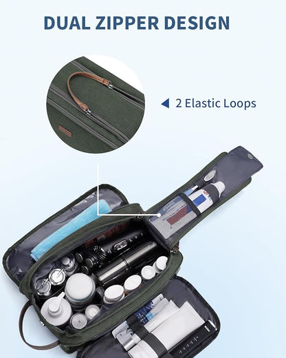 WANDF Toiletry Bag for Men Travel Toiletry Organizer Canvas and Leather Dopp Kit Water-Resistant Shaving Bag for Travel Accessories (Green, Patent Pending)