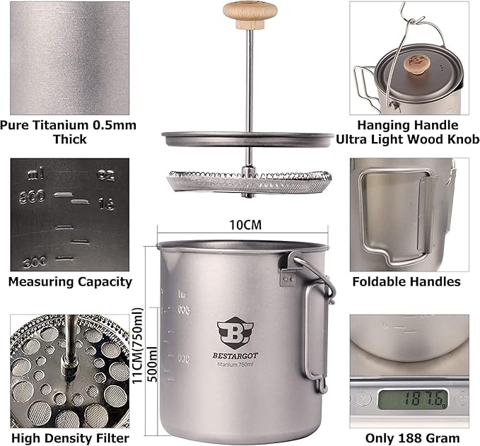 Bestargot Camping Titanium Pot, French Press Coffee Maker, Camp Cooking Pot with Light Wood knob, 750ml Camping Cup for Camping Hiking Backpacking, Capacity 25 Fl Oz
