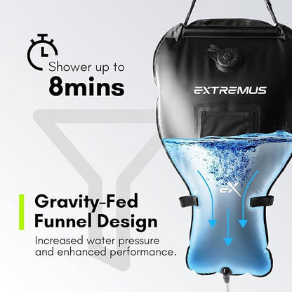 Extremus Camping Shower Bag, Camp Shower Bag, Durable, Leak-Proof Design with Thermometer, Removable Hose, and On-Off Switchable Shower Head, Portable Solar Shower for Camping