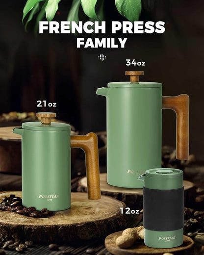 POLIVIAR French Press Coffee Maker, 21 oz Coffee Press with Real Wood Handle, Double Wall Insulation & Dual-Filter Screen, Food Grade Stainless Steel for Good Coffe and Tea, JX2024-SFPN