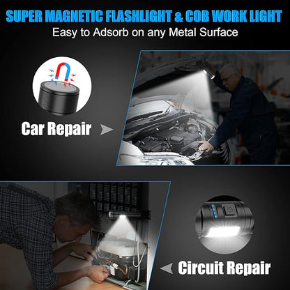 Magnetic Flashlight Rechargeable, 10000 High Lumens Super Bright Small LED Pocket Flashlights with COB Side Light, Type C, Zoomable, 7 Modes, IPX7 Waterproof Best Tactical Flashlights for Camping