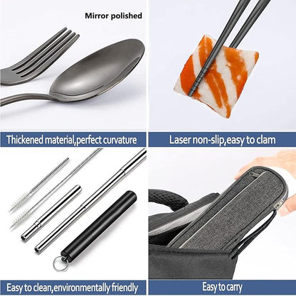 Hommaly Portable Travel Reusable Utensils Silverware with Case,Travel Camping Cutlery set,Chopsticks and Straw Flatware, Stainless steel Utensil set (Black) U