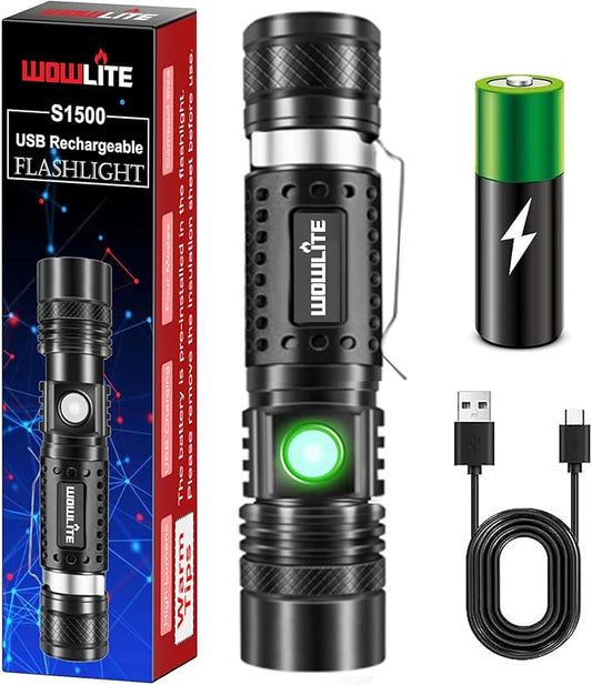 wowlite Flashlight Rechargeable, Super Bright Pocket LED Flashlights with 4 Modes, Zoomable High Lumens Small Flash Light for Home Emergency, Gifts for Camping Essentials Camper Gear (Black)
