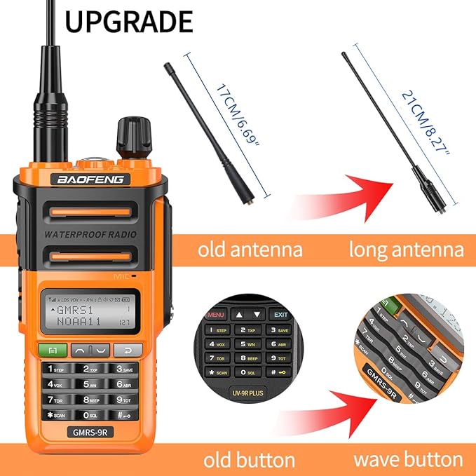 Baofeng GMRS-9R GMRS Radio Waterproof IP67 5W Rechargeable Two Way Radio for Adults,NOAA Scanning&Receiving,GMRS Repeater Capable with Extra Tactical Antenna,2800mAh Battery,Speaker Mic Orange