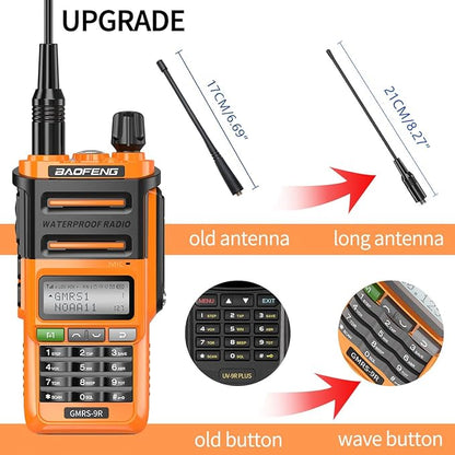 Baofeng GMRS-9R GMRS Radio Waterproof IP67 5W Rechargeable Two Way Radio for Adults,NOAA Scanning&Receiving,GMRS Repeater Capable with Extra Tactical Antenna,2800mAh Battery,Speaker Mic Orange
