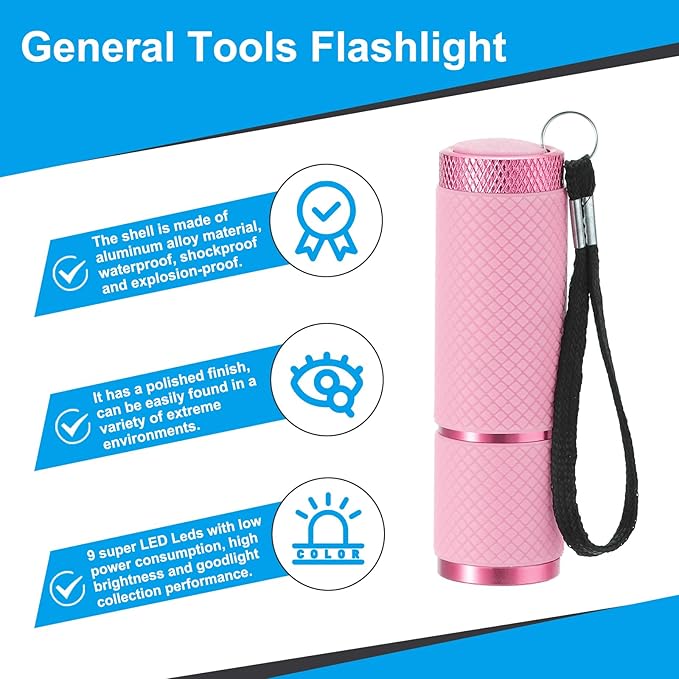 PATIKIL 9 LED Glow in Dark Flashlights, 2 Pcs Mini Aluminum Flashlight Rubber Coated Flashlight with Strap for Camping, Hiking, Party, Pink