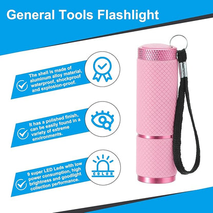 PATIKIL 9 LED Glow in Dark Flashlights, 2 Pcs Mini Aluminum Flashlight Rubber Coated Flashlight with Strap for Camping, Hiking, Party, Pink