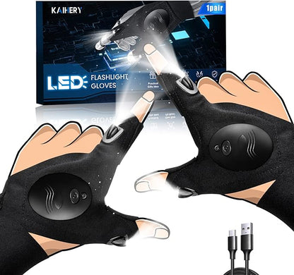 Rechargeable LED Flashlight Gloves, USB Recharge, Battery Powered, Hands-Free Lights for Camping, Fishing, Repairing, Running, Mechanic, Gift for Men
