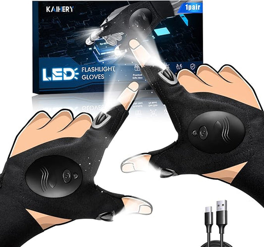 Rechargeable LED Flashlight Gloves, USB Recharge, Battery Powered, Hands-Free Lights for Camping, Fishing, Repairing, Running, Mechanic, Gift for Men