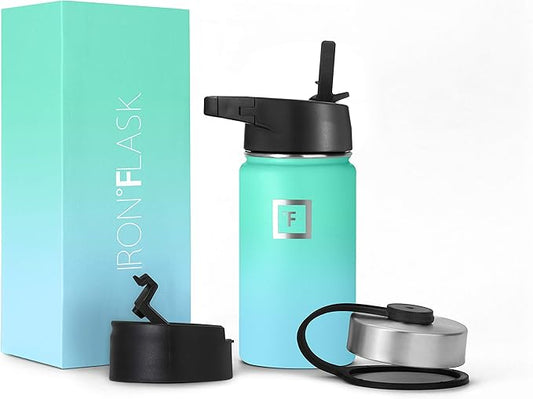 IRON °FLASK Camping & Hiking Hydration Flask, Wide Mouth, 3 Straw Lids, Stainless Steel Outdoor Water Bottle, Double Walled, Insulated Thermos, Metal Canteen - Sky, 14 Oz