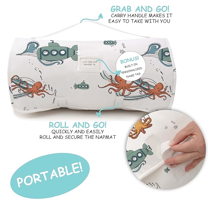 JumpOff Jo - Extra Long Toddler Nap Mat for Preschool, Daycare and Kindergarten - Sleeping Bag for Kids with Removable Pillow and Ultra Soft Blanket - Octopus Treasure