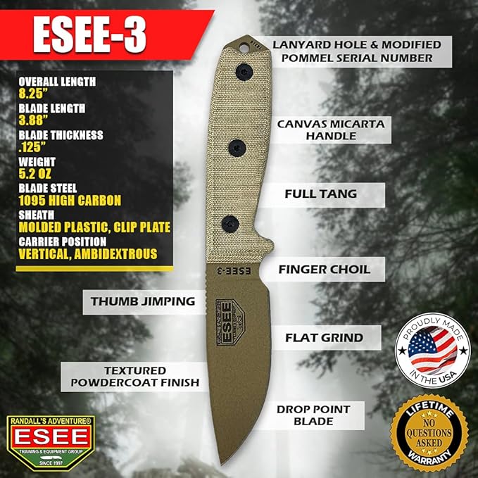 ESEE Knives 3P-MB Fixed Blade Knife w/Molded Polymer Sheath & MOLLE Back (Dark Earth Blade/Black Sheath)