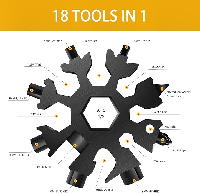 FZENeast Snowflake Multitool, 18-in-1 Stainless Steel Snowflake Standard Multitool, Snowflake Wrench with Key Ring, Carabiner Clip and Storage Bag (Black)