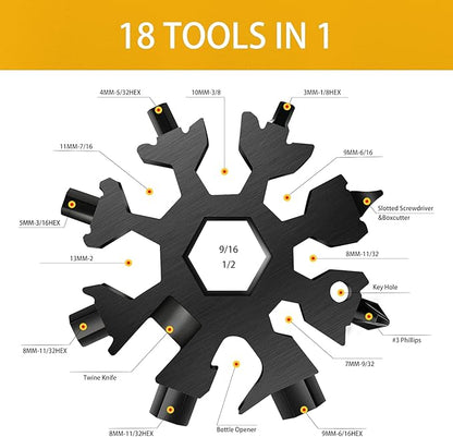 FZENeast Snowflake Multitool, 2 Pcs 18-in-1 Stainless Steel Snowflake Standard Multi-Tool, Snowflake Wrench with Key Ring, Carabiner Clip and Storage Bag (Black)