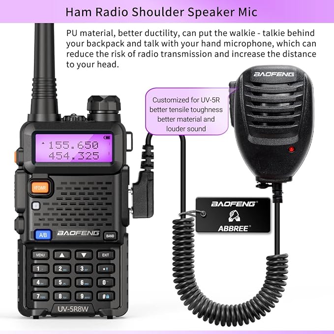 Baofeng UV-5R 8W Ham Radio Handheld Long Range UV5R Two Way Radio with Double Battery Extra Programming Cable Speaker Mic Rechargeable Walkie Talkies (Black-8W 1Pack Full Kits)