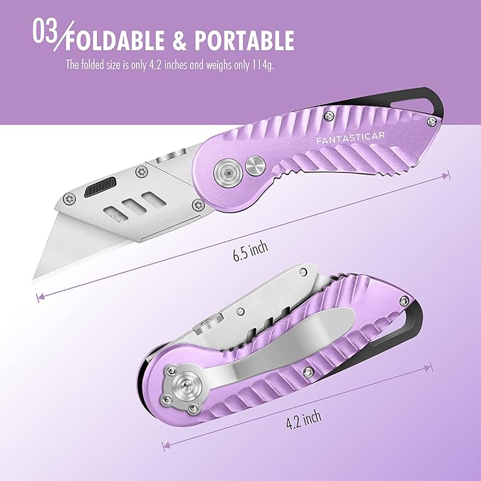 FantastiCAR Folding Utility Knife, Quick Blade Change Box Cutter, Anti-slip Metal Body, with Safety Lock and 5 Extra Blades (Purple)