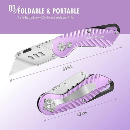 FantastiCAR Folding Utility Knife, Quick Blade Change Box Cutter, Anti-slip Metal Body, with Safety Lock and 5 Extra Blades (Purple)