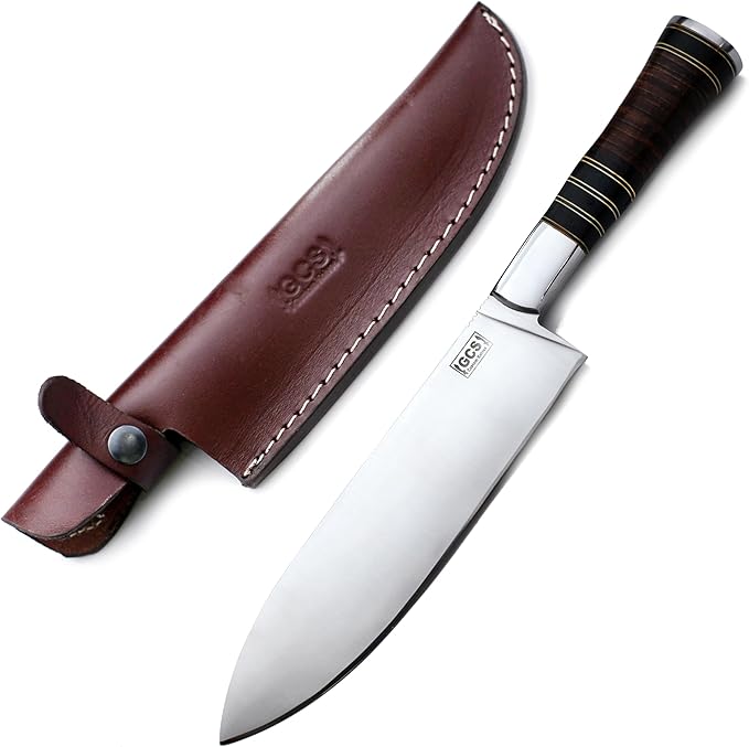 GCS Handmade Stacked Leather Handle D2 Tool Steel Chef Knife with leather Buffalo Hide Sheath 130
