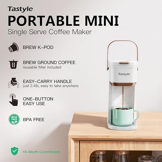 Single Serve One Cup Coffee Maker, for K Cups and Grounds, Mini Coffee Maker with Portable Handle, 6 to 12 Oz Brew Size, for Travel, Camping, Office, RV and Dorm, White and Brown