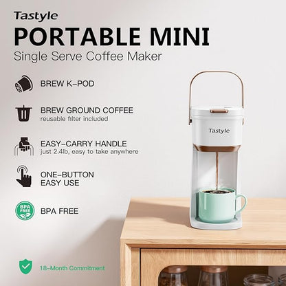 Single Serve One Cup Coffee Maker, for K Cups and Grounds, Mini Coffee Maker with Portable Handle, 6 to 12 Oz Brew Size, for Travel, Camping, Office, RV and Dorm, White and Brown