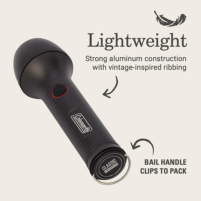 Coleman Classic Recharge 800/1500 Lumens Premium Flashlight, Impact & Water-Resistant Lightweight Flashlight with Rechargeable Battery, LEDs Never Need Replacing, Great for Camping or Emergencies