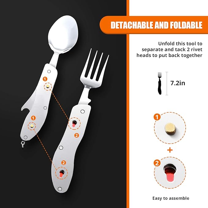 Camping Utensils 2 Pack,HIKENTURE 4-in-1 Stainless Steel Spoon, Fork, Knife, and Bottle Opener Combo - Lightweight and Portable Travel Eating Silverware for Hiking, Backpacking, and Picnic (Red 2pack)