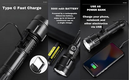 Super Bright LED Flashlight Handheld Tactical for Home Office car Camping Fishing Outdoor Emergency use, Water Resistance, zoomable 24 Hours Battery Life, Storage case 5 Mode. Power Display