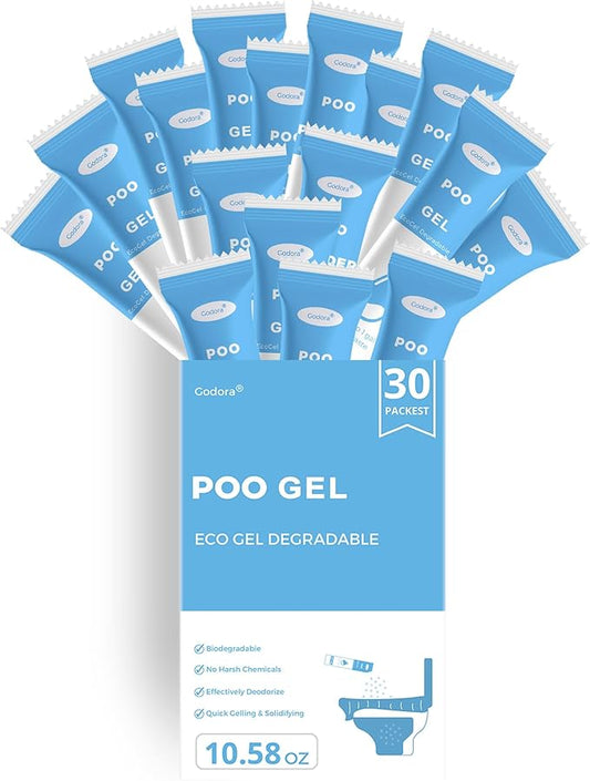 Godora 30 Packs ECO-Friendly Camping Toilet Poo Gel Powder, Portable & Fast-Absorbing Camping Toilet Gel, Rapidly Biodegradable Eco Poo Gel for Portable Toilet, Outdoor Portable Bedpans & Emergencies