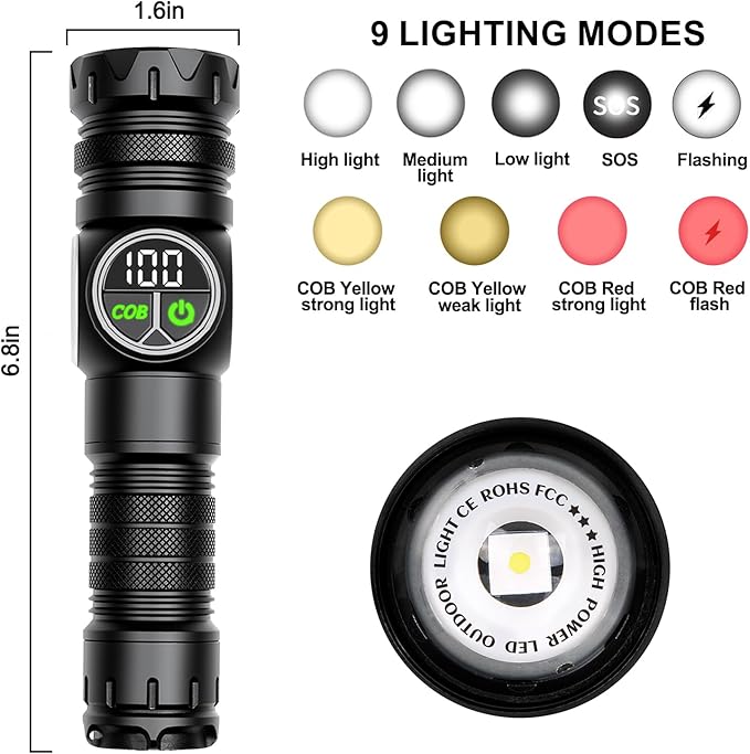 Flashlights High Lumens, Rechargeable Flashlights with COB Sidelight, 3500 Lumen Super Bright Flashlight, Magnetic Flash Light of Digital Power Display, Outdoors