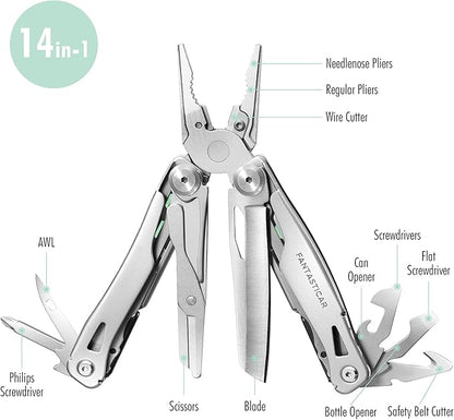 FantastiCAR 14 in 1 Multitool Pliers, Versatile Pocket Knife with Scissors, Knife Blade, Screwdriver, Bottle Opener, and Ideal for House or Camping Essentials, Holiday Gift Packaged (Mint Green)