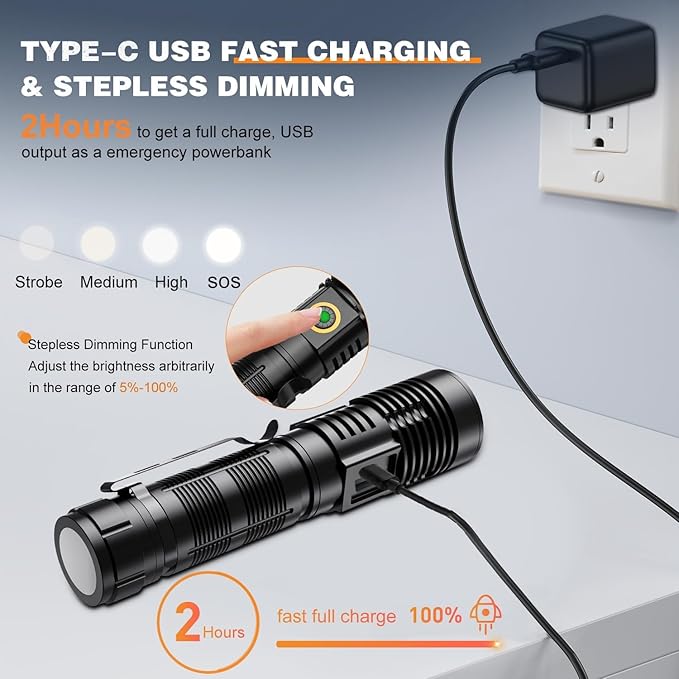 Small Tactical Flashlights 20000 High Lumens - 1500 Meters Long Beam Super Bright LED Magnetic Flashlight USB Rechargeable Zoomable 5Modes Long Beam Spotlight Flashlight for Hiking, Camping, 1pcs