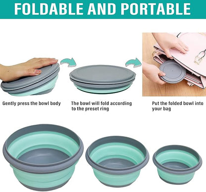 Collapsible Bowls, 3pcs Food Grade Silicone Camping Bowl Salad Bowl with lids, Portable Expandable Lunch Box Food Storage Container for Camping Travel and Picnic