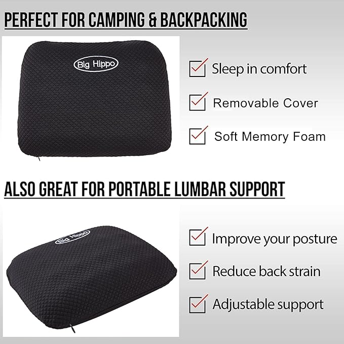 Big Hippo Camping Pillow for Sleeping - Memory Foam Travel Pillow Nap Pillow with Removable Pillow Cover,Soft Small Pillow (Black)