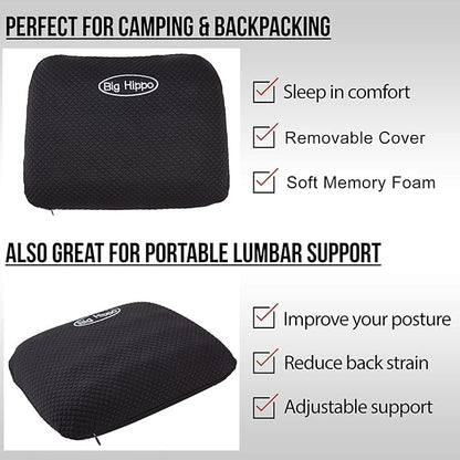 Big Hippo Camping Pillow for Sleeping - Memory Foam Travel Pillow Nap Pillow with Removable Pillow Cover,Soft Small Pillow (Black)