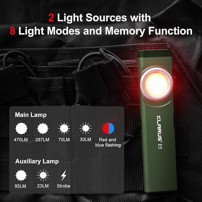 klarus E5 Pocket Flashlight, Rechargeable EDC Flashlight, Super Slim Flat 4.2x1x0.3inch, 470 Lumens, USB-C Port, IPX4, Dual Light Source with Magnetic Base, Hat & Clothes Clip - Green