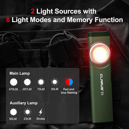 klarus E5 Pocket Flashlight, Rechargeable EDC Flashlight, Super Slim Flat 4.2x1x0.3inch, 470 Lumens, USB-C Port, IPX4, Dual Light Source with Magnetic Base, Hat & Clothes Clip - Green