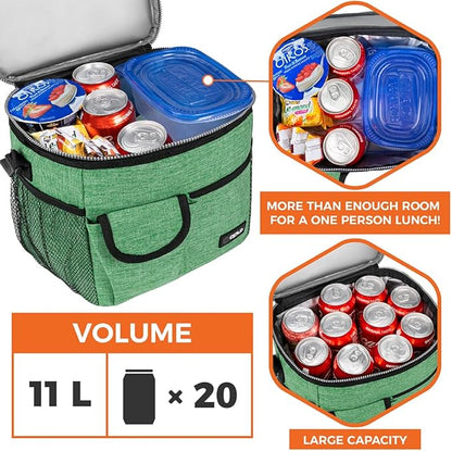 opux Insulated Lunch Bag for Men Women, Leakproof Heather Green Lunch Box for Work, Portable Soft Lunch Cooler Bag with Shoulder Strap, Adult Lunchbox Lunch Pail for Kid Boy Girl School, 18 Can/10L