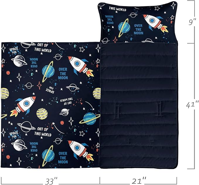 Space Nap Mat - Space Ship Galaxy Sleeping Bag with Removable Pillow - Daycare and Sleepovers Preschool Kindergarten Bedding Set for Kids Toddler Boys Girls