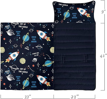 Space Nap Mat - Space Ship Galaxy Sleeping Bag with Removable Pillow - Daycare and Sleepovers Preschool Kindergarten Bedding Set for Kids Toddler Boys Girls
