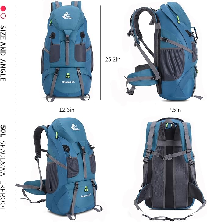 Bseash 50L Hiking Backpack, Water Resistant Lightweight Outdoor Sport Daypack Travel Bag for Camping Climbing Touring (Blue Green - With Shoe Compartment)
